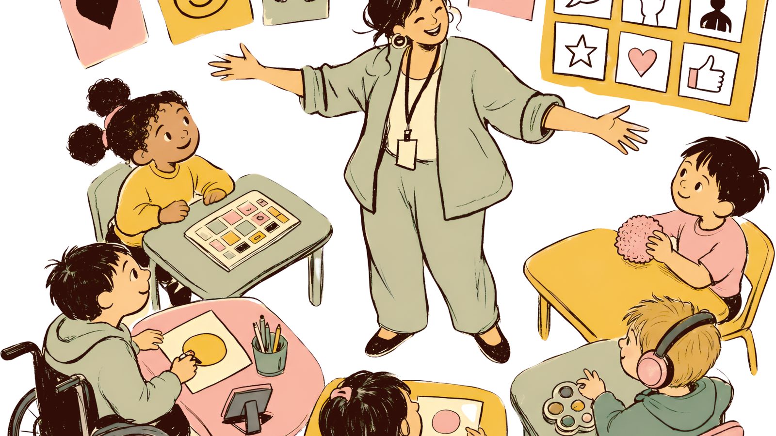 教師與不同學習需要學生的課室插畫